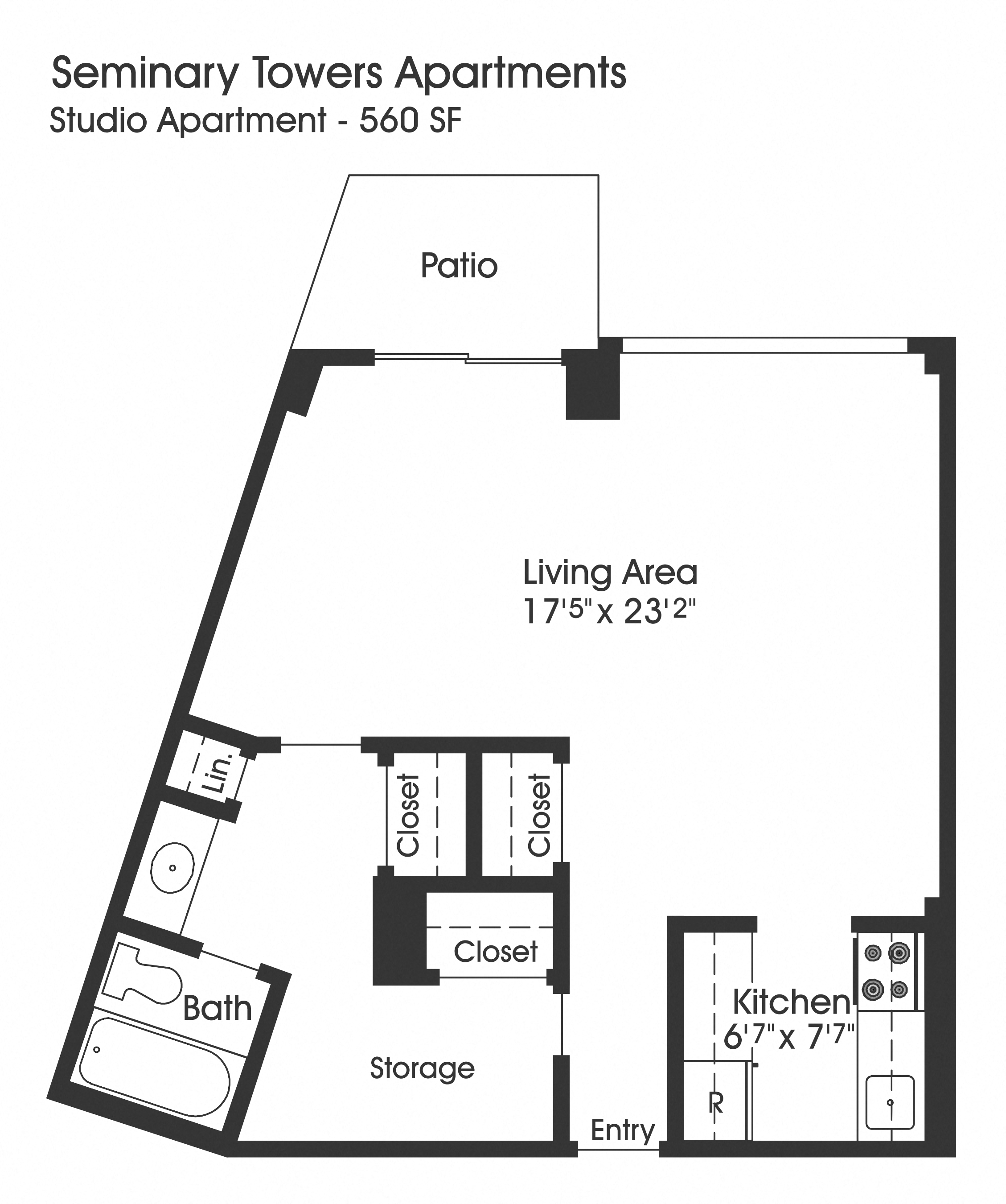 Floor plan for studio, 1 bath, 560 sqft